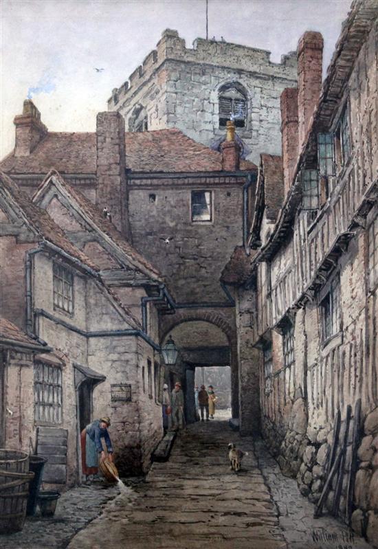 William Pitt (1855-1918) Street scene with tower in the background, 18.5 x 13.5in.
